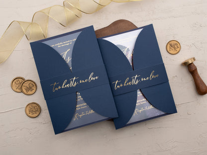 Navy Acrylic Wedding Invitation with Gold Foil & Curved Jacket