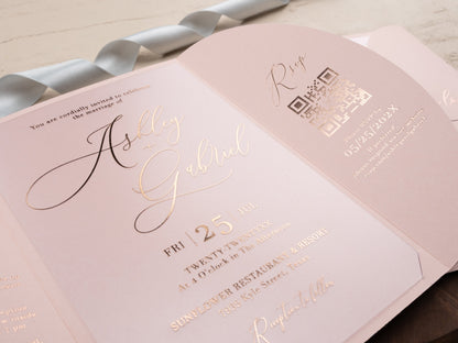 Acrylic Blush Pink Wedding Invitation with Rose Gold Foil & Jacket