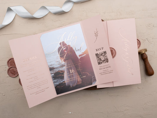 Luxury Blush Pink & Rose Gold Acrylic Wedding Invitation with Wax Seal