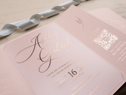 Luxury Blush Pink & Rose Gold Acrylic Wedding Invitation with Wax Seal