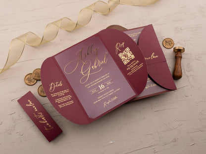 Burgundy Acrylic Wedding Invitation with Gold Foil & Jacket