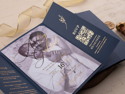 Luxury Navy Blue & Gold Acrylic Wedding Invitation with Wax Seal