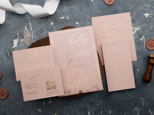 Blush Pink Acrylic Wedding Invitation with Rose Gold Foil