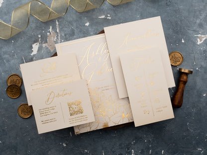 Ivory & Gold Acrylic Wedding Invitation with Floral Envelope