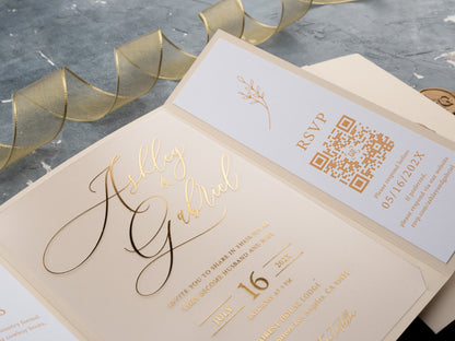 Acrylic Ivory Wedding Invitation with Gold Foil & Wax Seal