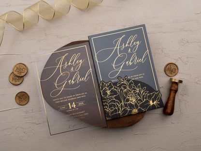 Black Acrylic Wedding Invitation with Gold Foil & Floral