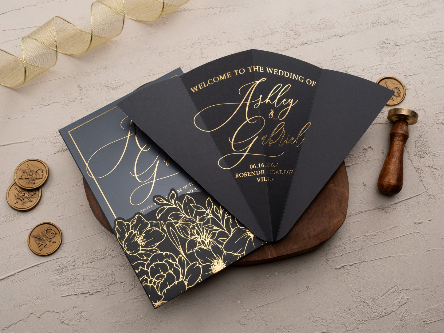 Black Acrylic Wedding Invitation with Gold Foil & Floral