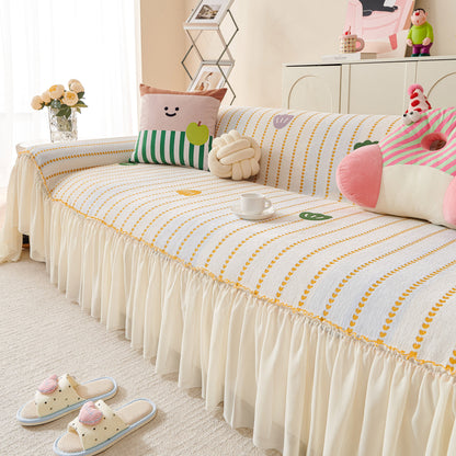 Cute Dotted Stripe Couch Protector, Non-Slip Washable Sofa Cover with Ruffled Skirt