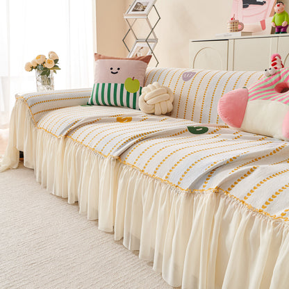 Cute Dotted Stripe Couch Protector, Non-Slip Washable Sofa Cover with Ruffled Skirt