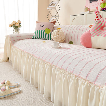 Cute Dotted Stripe Couch Protector, Non-Slip Washable Sofa Cover with Ruffled Skirt