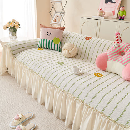 Cute Dotted Stripe Couch Protector, Non-Slip Washable Sofa Cover with Ruffled Skirt