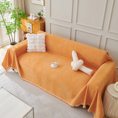 Solid Color Chenille Sofa Throw Blanket, Cozy & Easy Care Fringed Furniture Protector