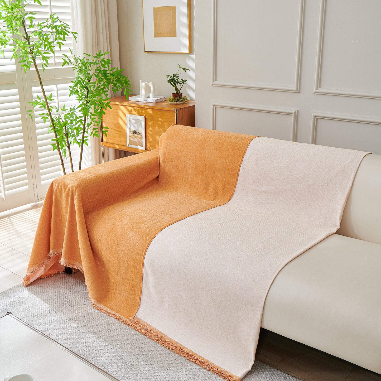 Solid Color Chenille Sofa Throw Blanket, Cozy & Easy Care Fringed Furniture Protector