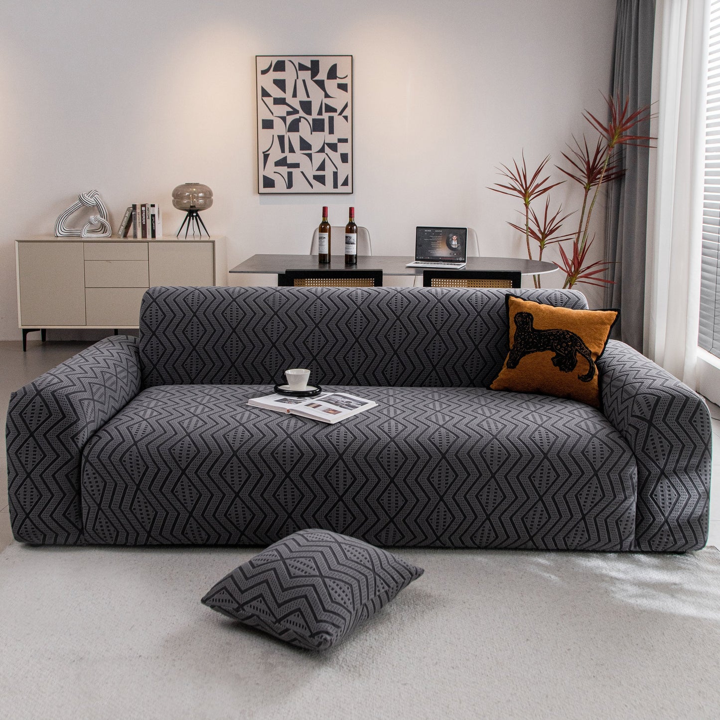 Modern Geometric Jacquard Sofa Slipcover, High Stretch 1-Piece Textured Couch Cover