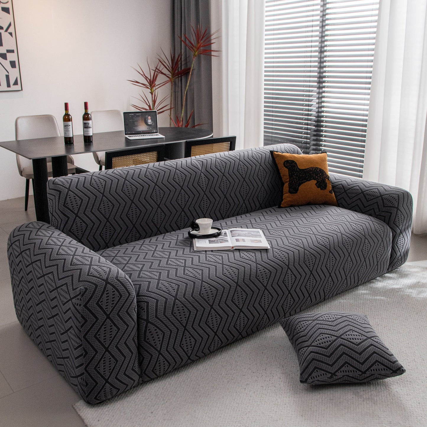 Modern Geometric Jacquard Sofa Slipcover, High Stretch 1-Piece Textured Couch Cover