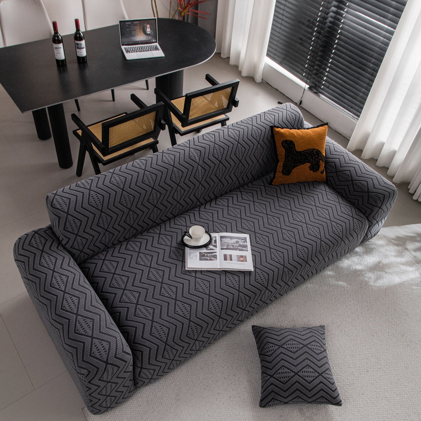 Modern Geometric Jacquard Sofa Slipcover, High Stretch 1-Piece Textured Couch Cover