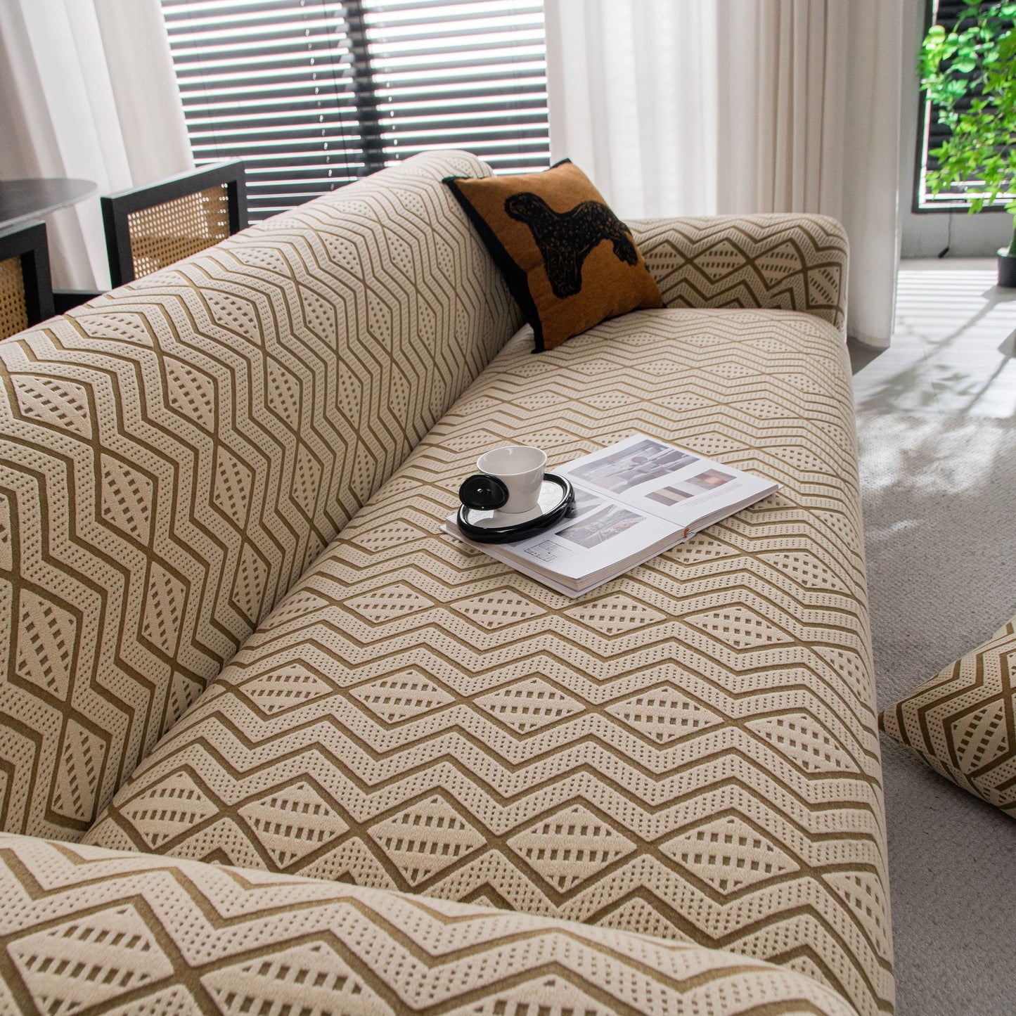 Modern Geometric Jacquard Sofa Slipcover, High Stretch 1-Piece Textured Couch Cover