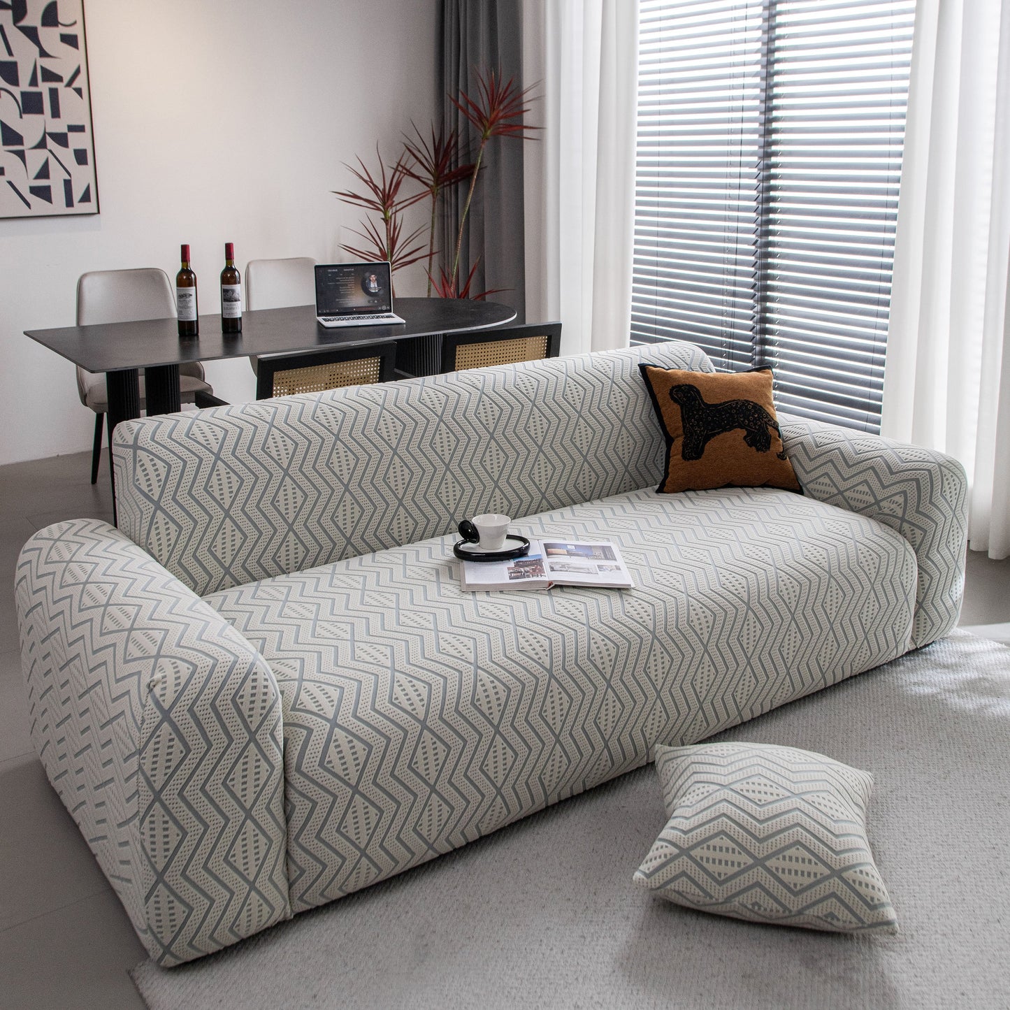 Modern Geometric Jacquard Sofa Slipcover, High Stretch 1-Piece Textured Couch Cover