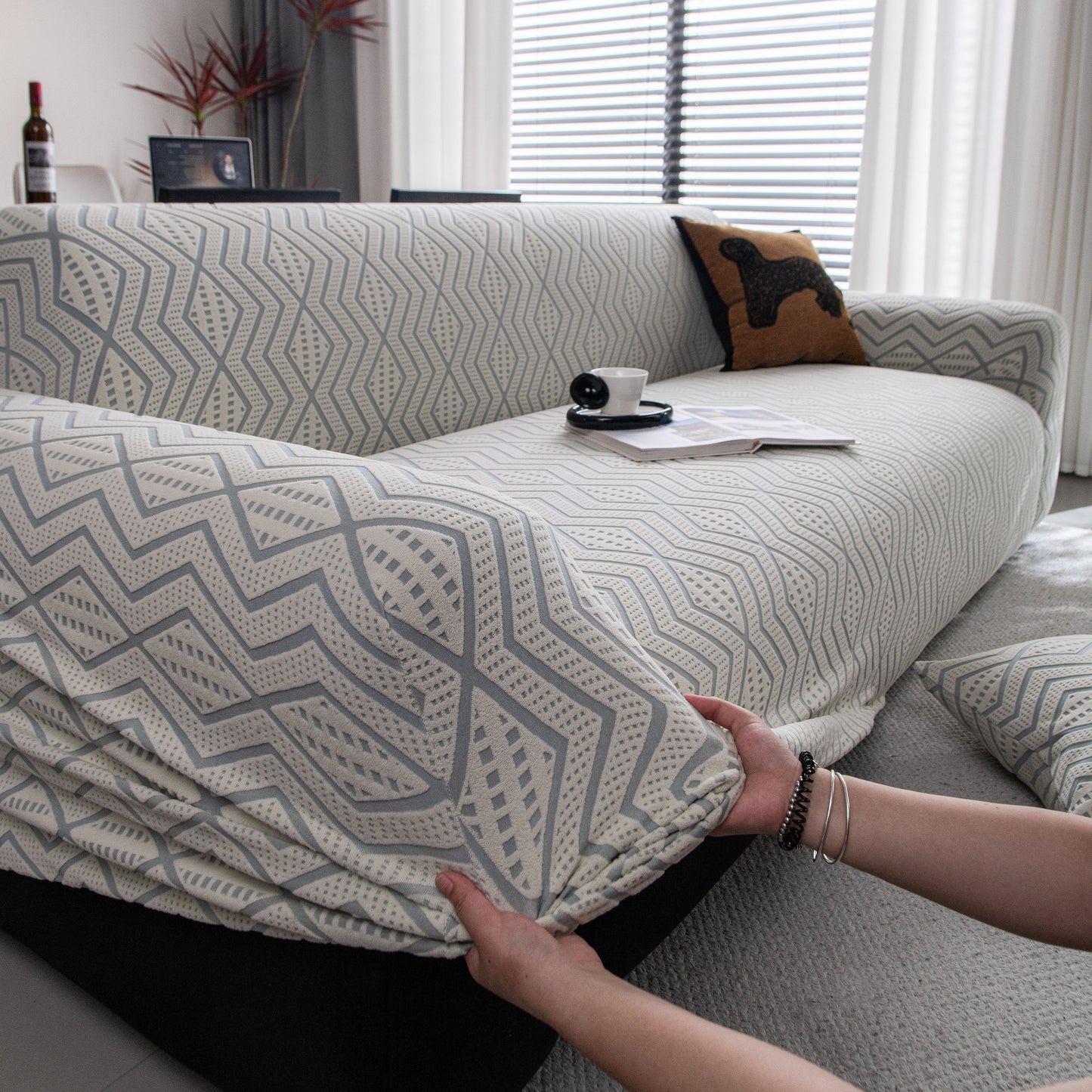 Modern Geometric Jacquard Sofa Slipcover, High Stretch 1-Piece Textured Couch Cover