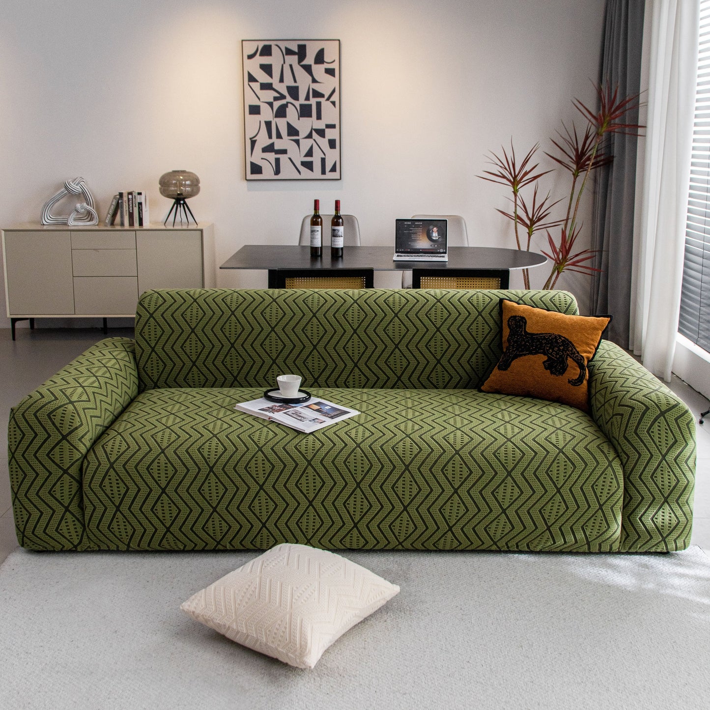 Modern Geometric Jacquard Sofa Slipcover, High Stretch 1-Piece Textured Couch Cover