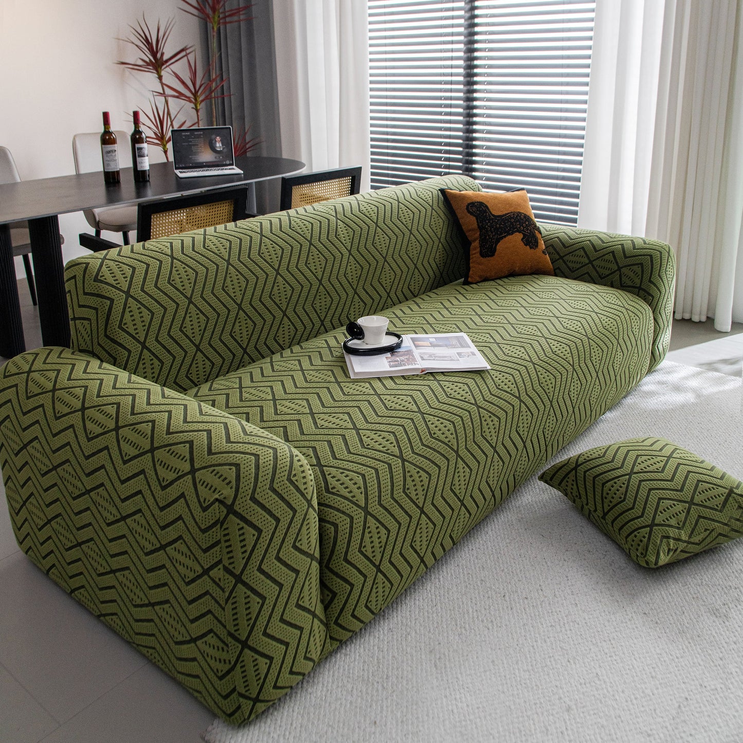 Modern Geometric Jacquard Sofa Slipcover, High Stretch 1-Piece Textured Couch Cover