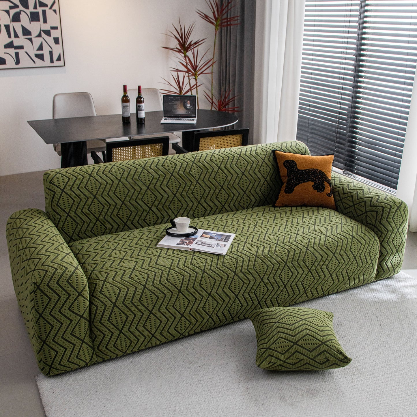 Modern Geometric Jacquard Sofa Slipcover, High Stretch 1-Piece Textured Couch Cover