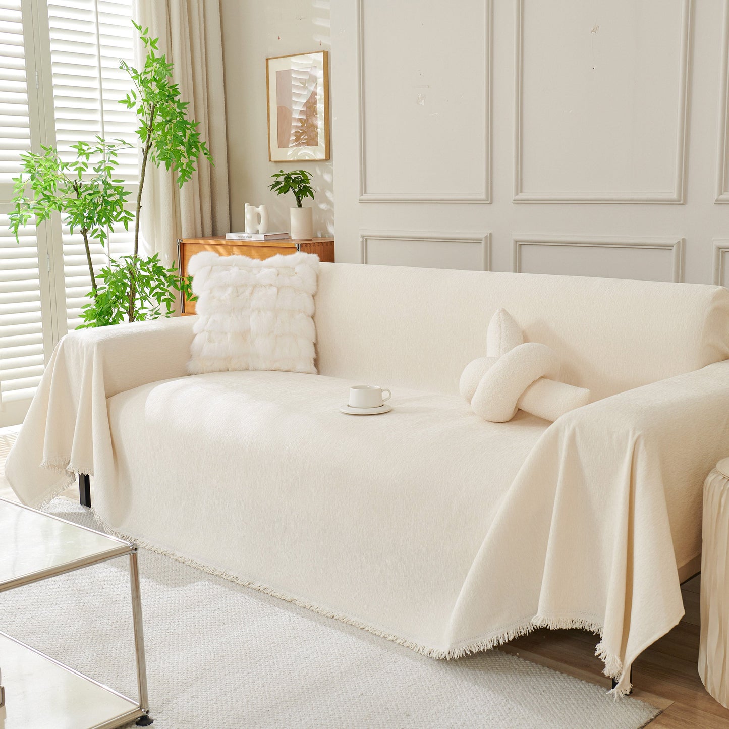 Solid Color Chenille Sofa Throw Blanket, Cozy & Easy Care Fringed Furniture Protector