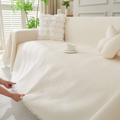 Solid Color Chenille Sofa Throw Blanket, Cozy & Easy Care Fringed Furniture Protector
