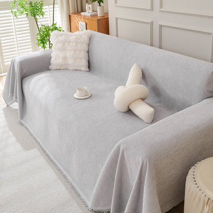 Solid Color Chenille Sofa Throw Blanket, Cozy & Easy Care Fringed Furniture Protector