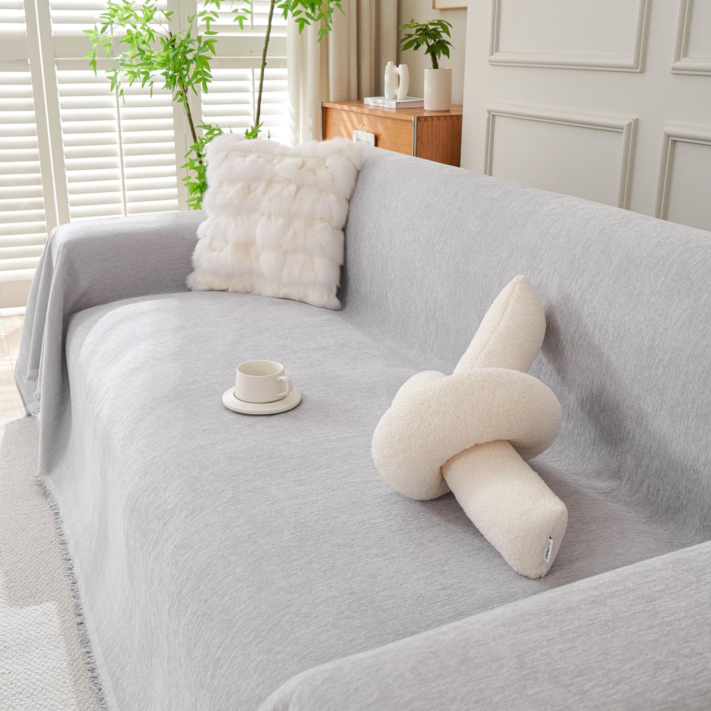 Solid Color Chenille Sofa Throw Blanket, Cozy & Easy Care Fringed Furniture Protector
