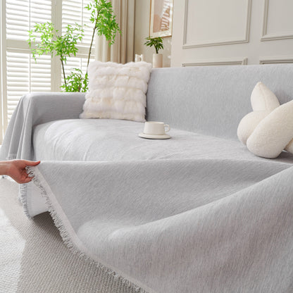 Solid Color Chenille Sofa Throw Blanket, Cozy & Easy Care Fringed Furniture Protector