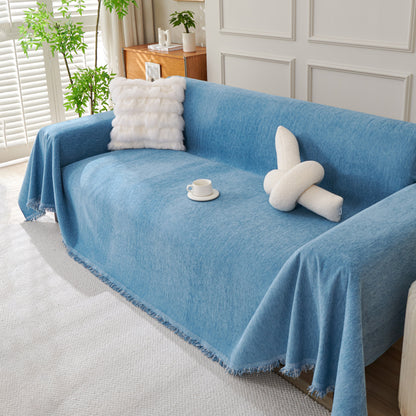 Solid Color Chenille Sofa Throw Blanket, Cozy & Easy Care Fringed Furniture Protector