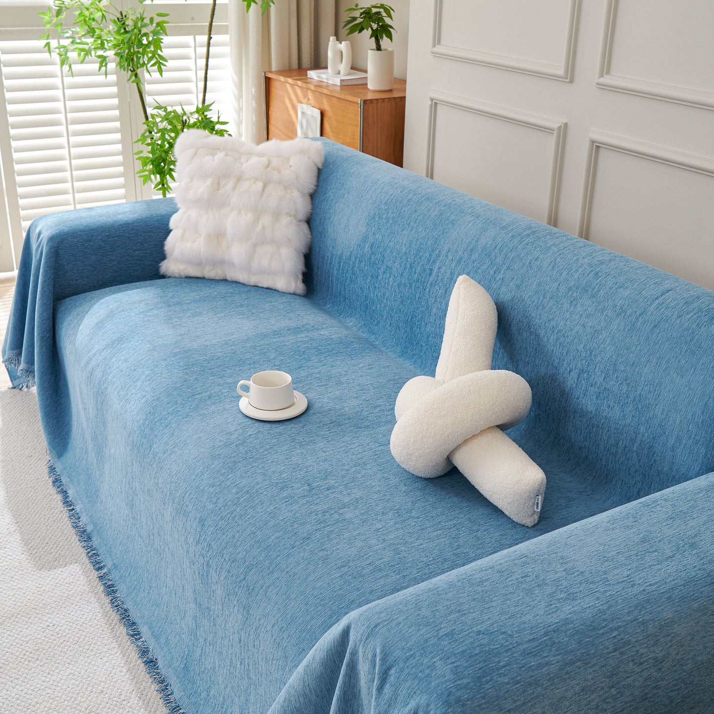 Solid Color Chenille Sofa Throw Blanket, Cozy & Easy Care Fringed Furniture Protector