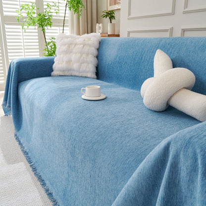 Solid Color Chenille Sofa Throw Blanket, Cozy & Easy Care Fringed Furniture Protector