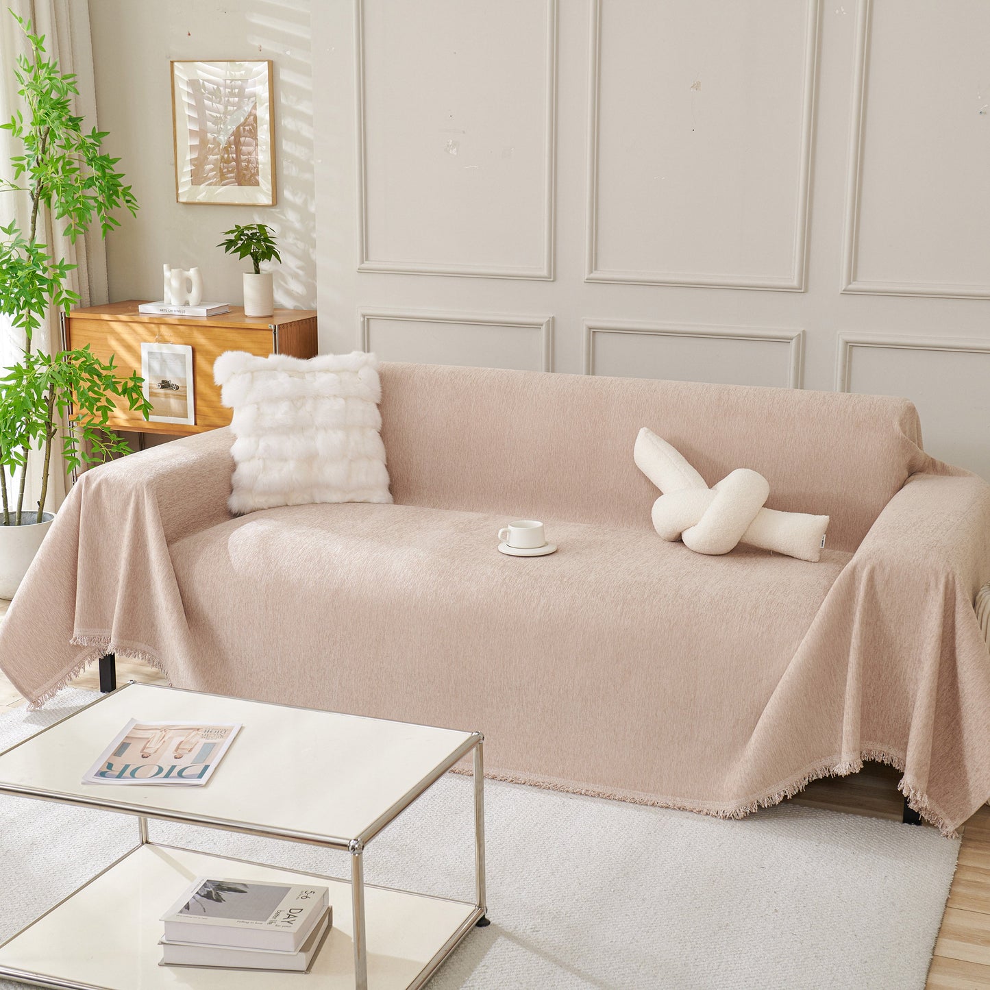 Solid Color Chenille Sofa Throw Blanket, Modern Decor Soft Couch Cover with Fringes