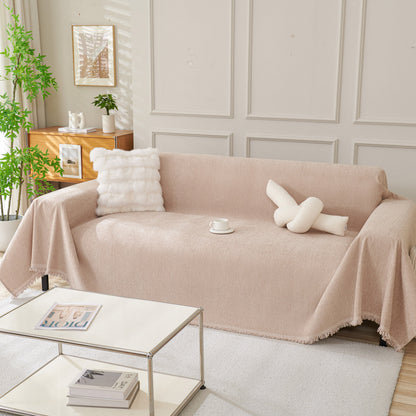 Solid Color Chenille Sofa Throw Blanket, Modern Decor Soft Couch Cover with Fringes