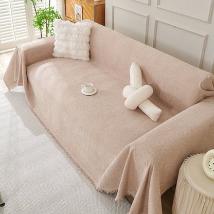 Solid Color Chenille Sofa Throw Blanket, Modern Decor Soft Couch Cover with Fringes