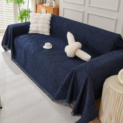 Solid Color Chenille Sofa Throw Blanket, Modern Decor Soft Couch Cover with Fringes
