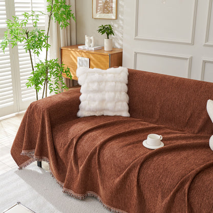 Solid Color Chenille Sofa Throw Blanket, Modern Decor Soft Couch Cover with Fringes