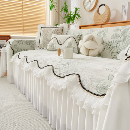 Farmhouse Ruffled Lace Sofa Slipcover Vintage Furniture Protector with Botanical Print