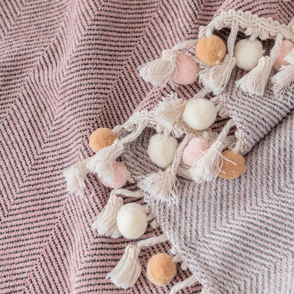 Boho Herringbone Sofa Throw Blanket with Pom Pom Tassels Stylish Furniture Slipcover