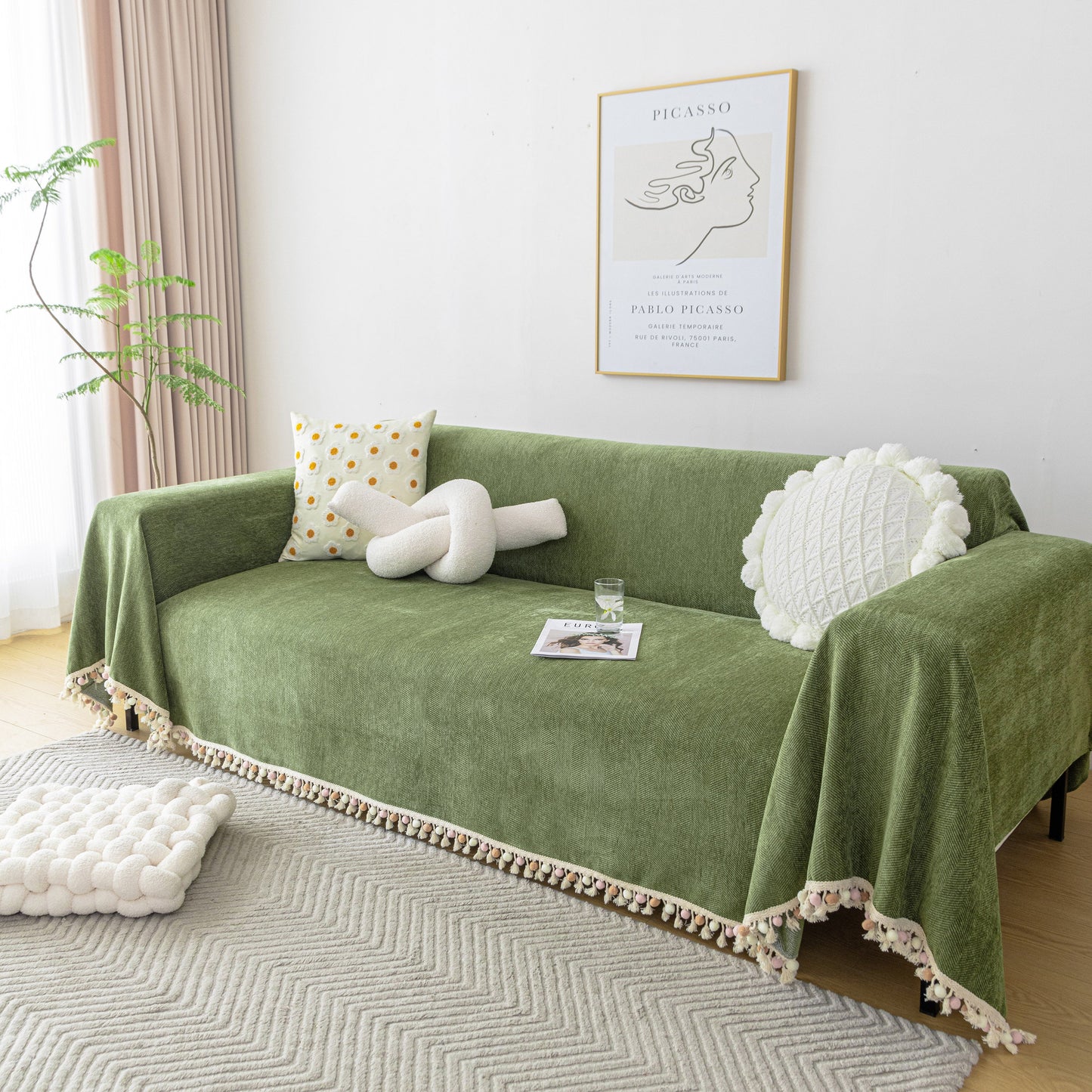 Boho Herringbone Sofa Throw Blanket with Pom Pom Tassels Stylish Furniture Slipcover