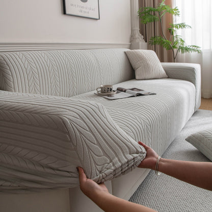 Plush Fleece Sofa Slipcover with 3D Wheat Pattern, Cozy High-Stretch Couch Cover