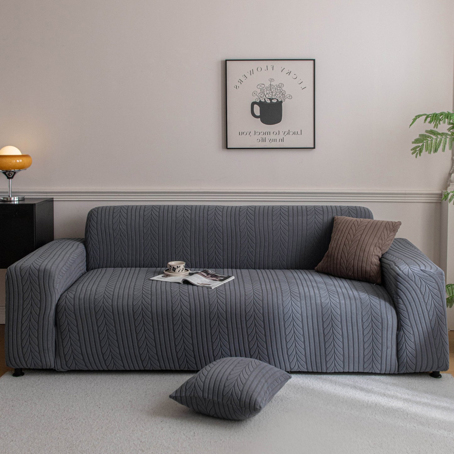Plush Fleece Sofa Slipcover with 3D Wheat Pattern, Cozy High-Stretch Couch Cover
