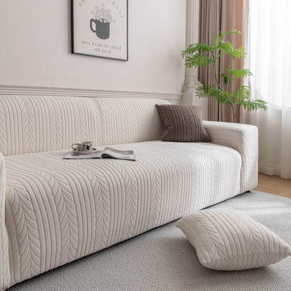 Plush Fleece Sofa Slipcover with 3D Wheat Pattern, Cozy High-Stretch Couch Cover