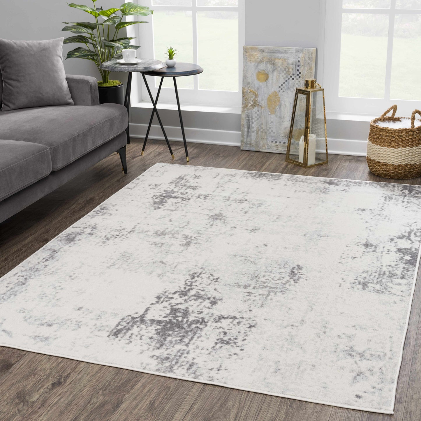 Living room with a patterned rug, gray sofa, and decorative items.