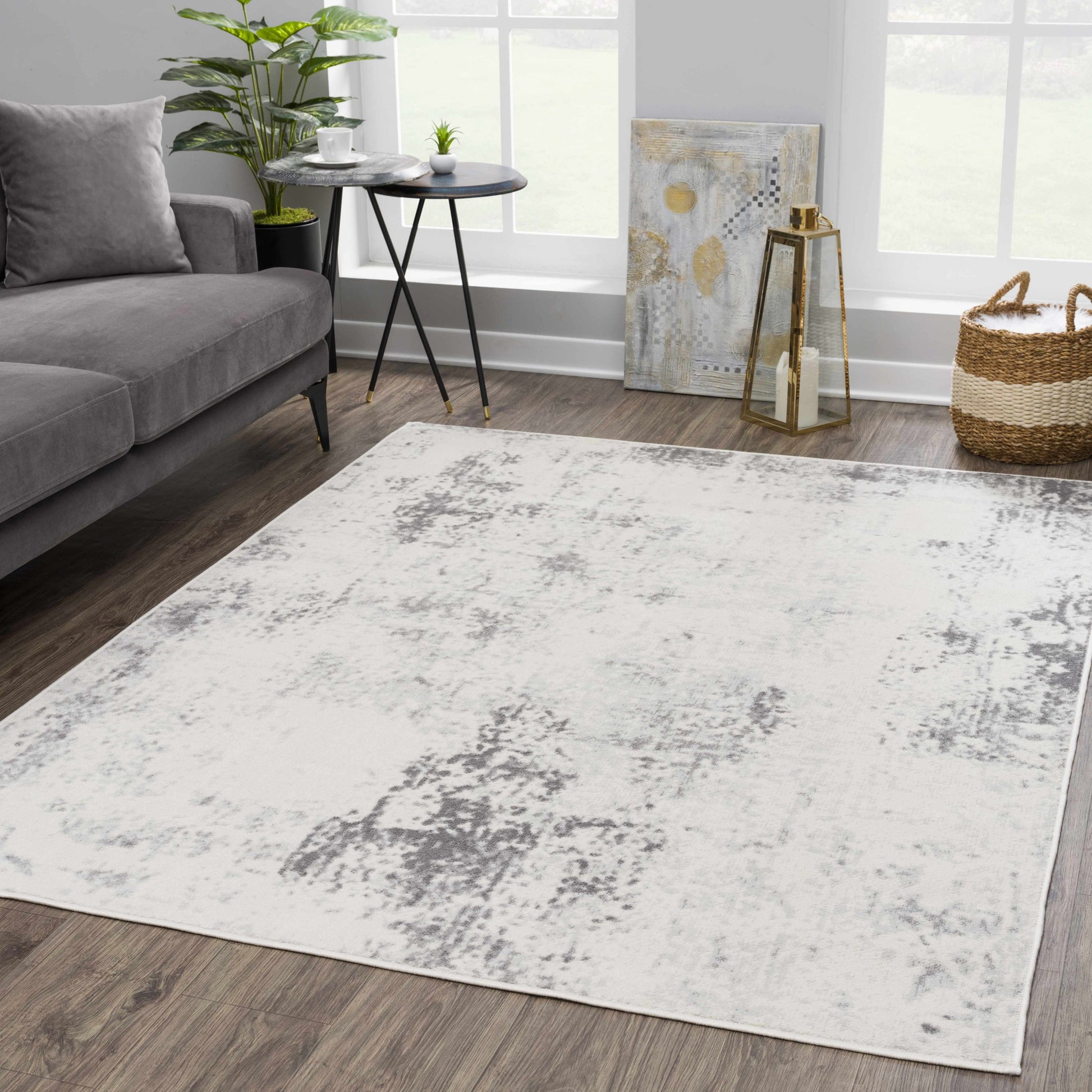Living room with a patterned rug, gray sofa, and decorative items.