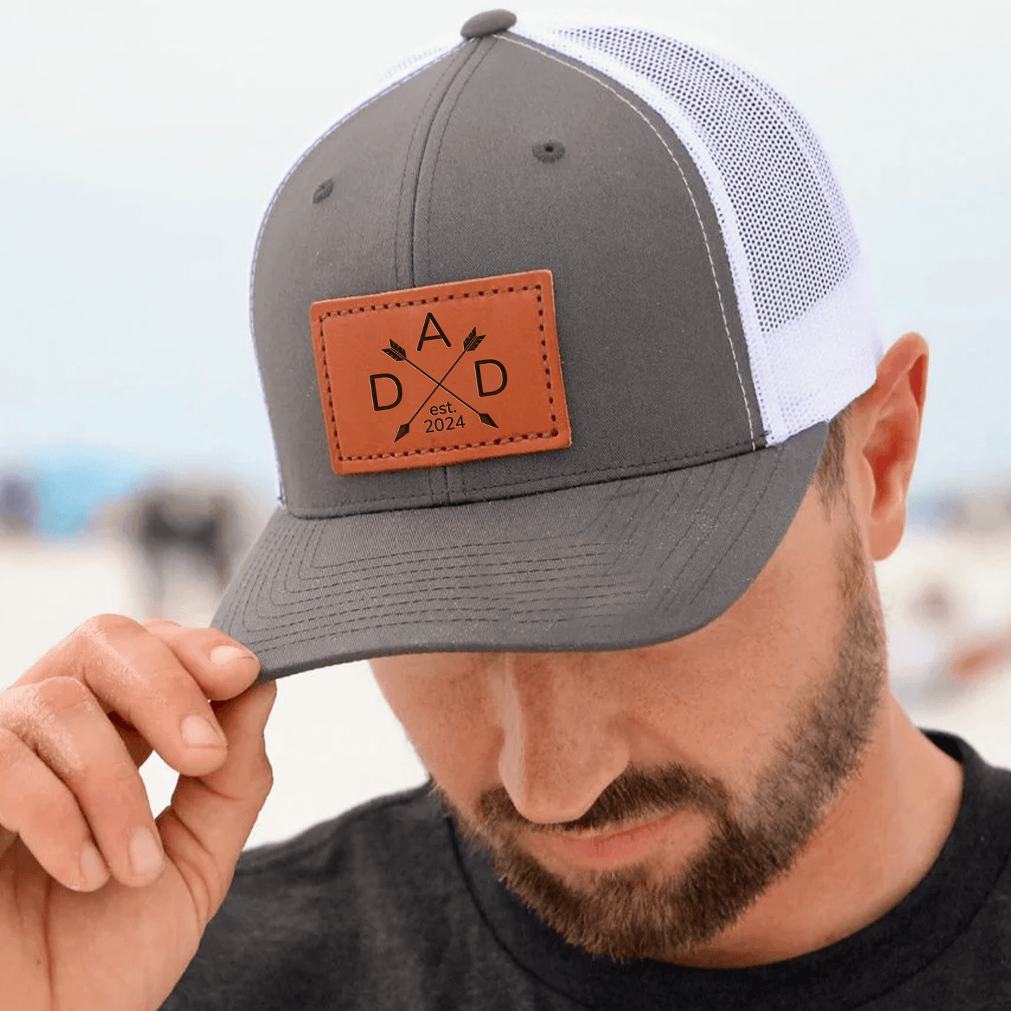 Dad Established Custom Year Trucker Hat - Personalized Engraved Leather Patch Hat/Cap - Father's Day Gift for Him, Husband, Daddy