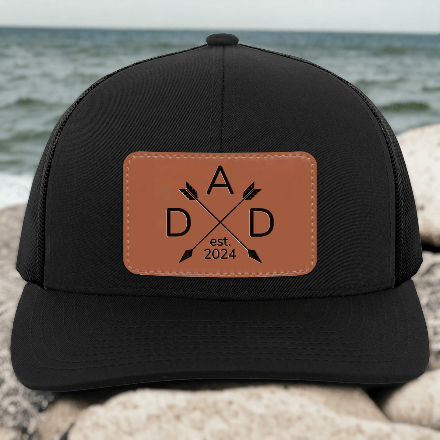 Dad Established Custom Year Trucker Hat - Personalized Engraved Leather Patch Hat/Cap - Father's Day Gift for Him, Husband, Daddy
