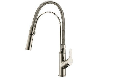 A brushed nickel Dawn single-lever pull-out kitchen faucet with a flexible supply line.